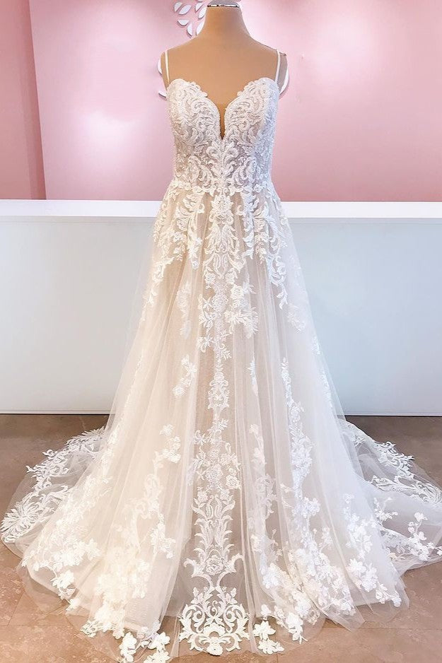 Vestido de novia elegante, largo, corte A, de tul, tirantes finos, apliques, encaje y espalda descubierta
