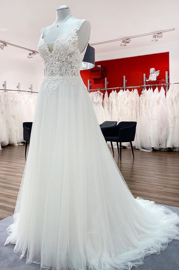 Vestido de novia elegante, largo, de tul, corte A, escote en V, sin mangas y encaje