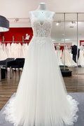 Vestido de novia elegante, largo, de tul, corte A, escote en V, sin mangas y encaje
