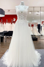Vestido de novia elegante, largo, de tul, corte A, escote en V, sin mangas y encaje