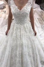 Vestido de novia elegante, largo, corte A, escote en V, apliques de encaje y cristales