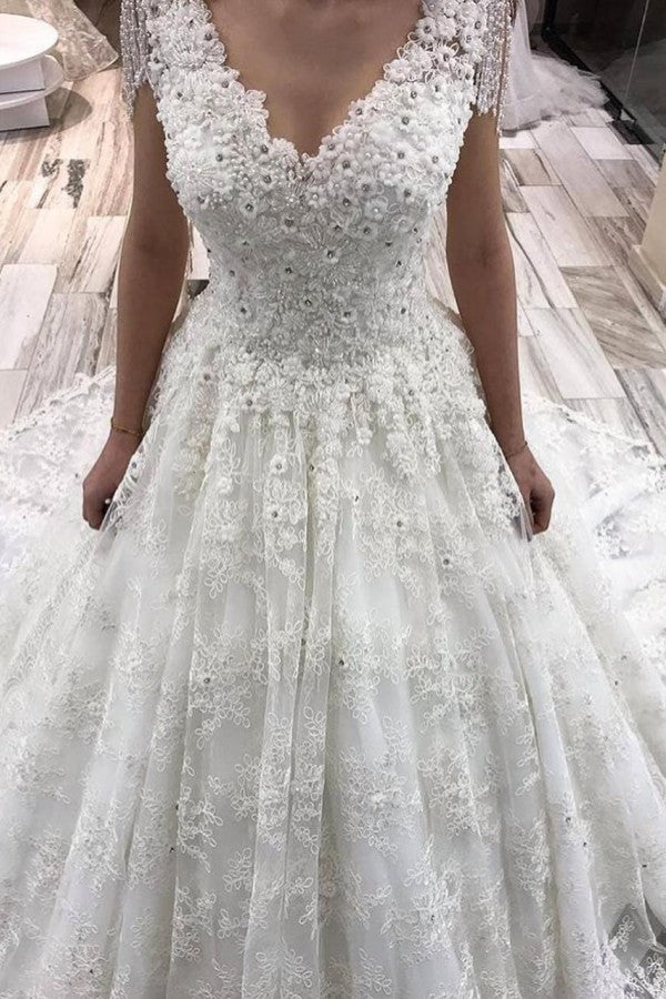Vestido de novia elegante, largo, corte A, escote en V, apliques de encaje y cristales