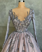 Vestido de fiesta elegante de tul con escote en V, largo y elegante, con cuentas y mangas