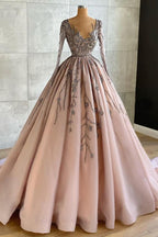 Vestido de fiesta elegante de tul con escote en V, largo y elegante, con cuentas y mangas