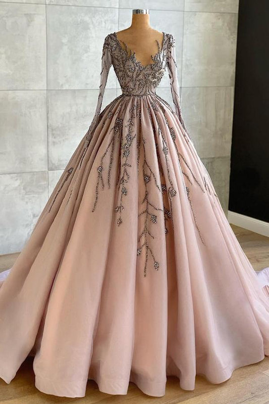 Edles langes A-Linien-Ballkleid aus Tüll mit V-Ausschnitt und Perlenbesatz und Ärmeln