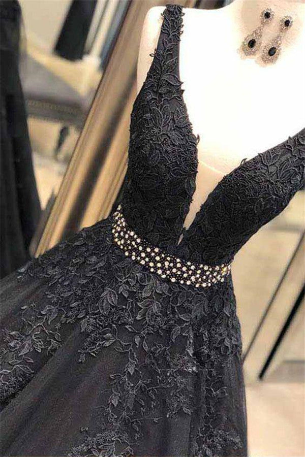 Vestido de fiesta negro elegante, largo, corte A, tirantes anchos, espalda abierta