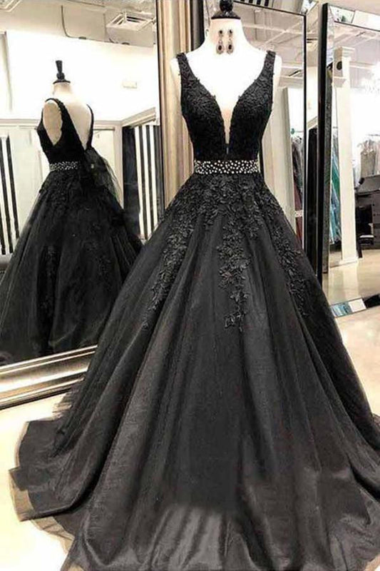Edles langes schwarzes Ballkleid in A-Linie mit breiten Trägern und offenem Rücken