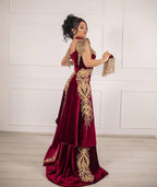 Vestido de fiesta elegante de terciopelo con apliques de sirena y abertura