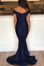 Vestido de fiesta azul marino oscuro elegante, largo, de sirena, con hombros descubiertos y espalda descubierta