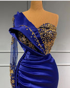 Vestido de fiesta elegante de sirena largo, de un solo hombro, azul real, con cola lateral