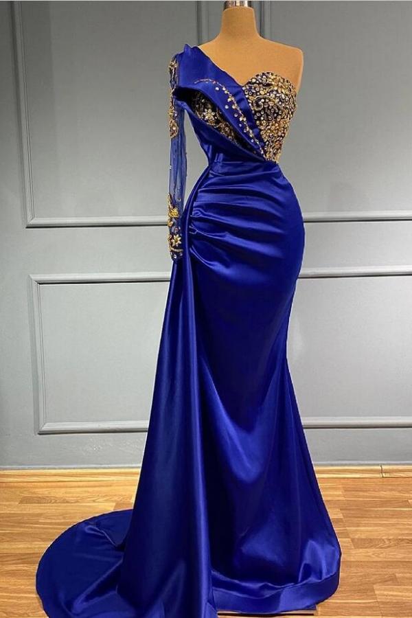 Vestido de fiesta elegante de sirena largo, de un solo hombro, azul real, con cola lateral