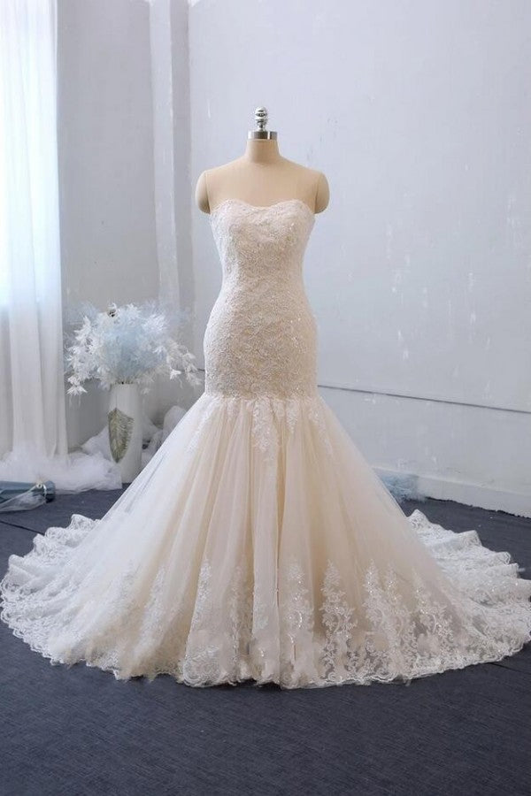 Vestido de novia elegante de tul con encaje, apliques y escote corazón, estilo sirena, largo y sin espalda