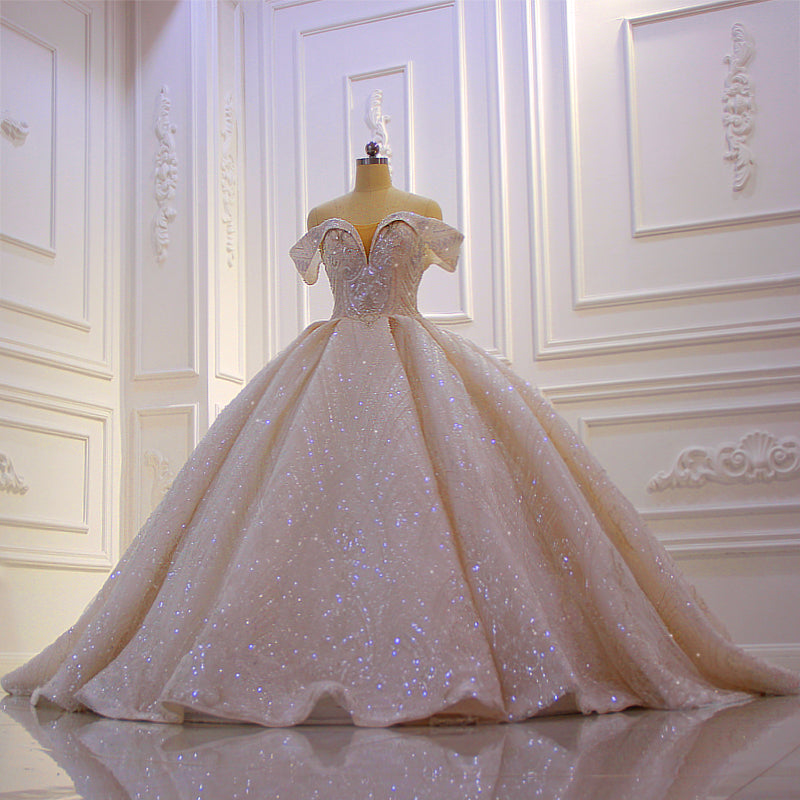 Vestido de novia elegante, largo, con hombros descubiertos, de satén y lentejuelas con cuentas