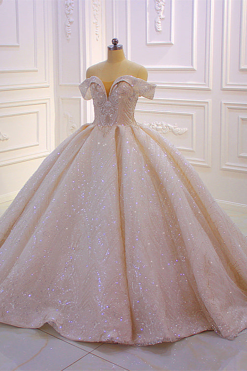 Vestido de novia elegante, largo, con hombros descubiertos, de satén y lentejuelas con cuentas