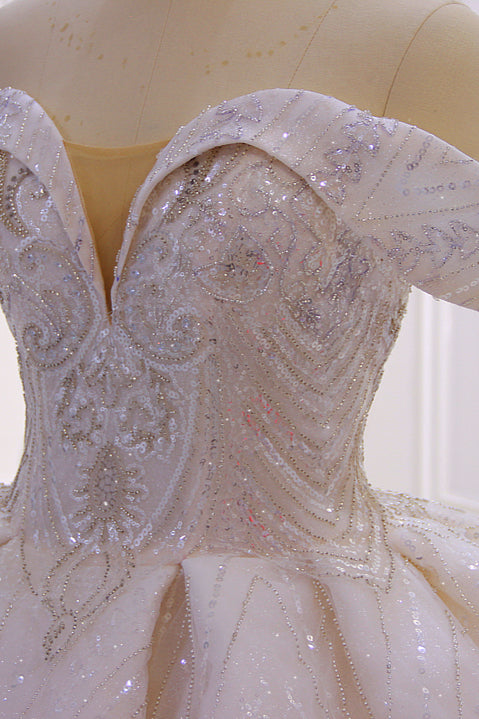 Vestido de novia elegante, largo, con hombros descubiertos, de satén y lentejuelas con cuentas