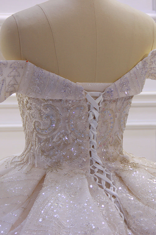 Vestido de novia elegante, largo, con hombros descubiertos, de satén y lentejuelas con cuentas