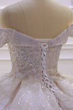 Vestido de novia elegante, largo, con hombros descubiertos, de satén y lentejuelas con cuentas