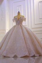 Vestido de novia elegante, largo, con hombros descubiertos, de satén y lentejuelas con cuentas