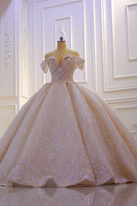 Vestido de novia elegante, largo, con hombros descubiertos, de satén y lentejuelas con cuentas