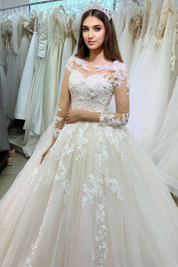 Vestido de novia elegante de tul con encaje, apliques de princesa y mangas largas