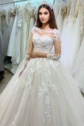 Vestido de novia elegante de tul con encaje, apliques de princesa y mangas largas