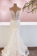 Vestido de novia elegante de sirena, largo, con escote en forma de corazón y espalda descubierta, con apliques de encaje