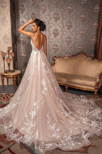 Vestidos de novia elegantes de corte A con escote en V, apliques de encaje, tirantes finos y sin mangas