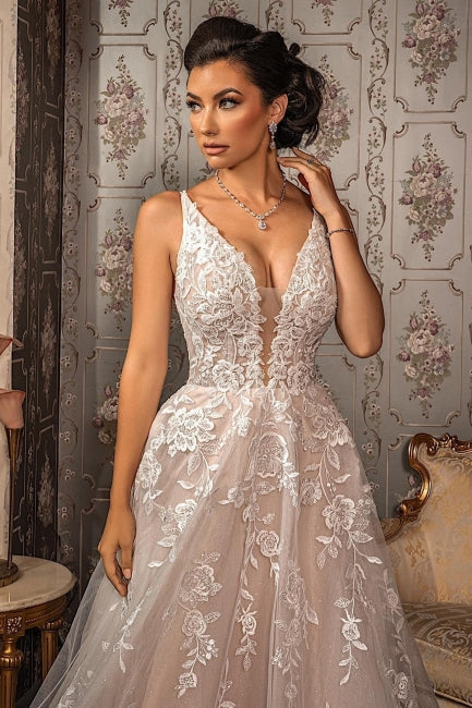 Vestidos de novia elegantes de corte A con escote en V, apliques de encaje, tirantes finos y sin mangas