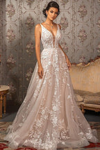 Vestidos de novia elegantes de corte A con escote en V, apliques de encaje, tirantes finos y sin mangas