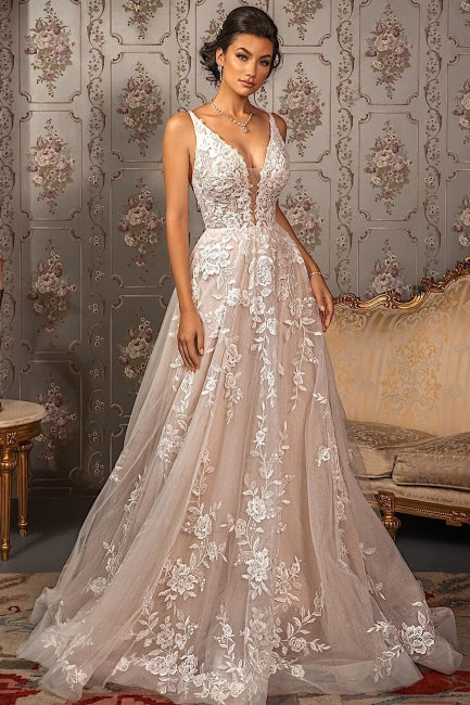 Vestidos de novia elegantes de corte A con escote en V, apliques de encaje, tirantes finos y sin mangas