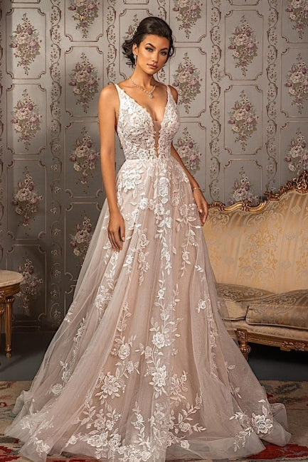 Vestidos de novia elegantes de corte A con escote en V, apliques de encaje, tirantes finos y sin mangas