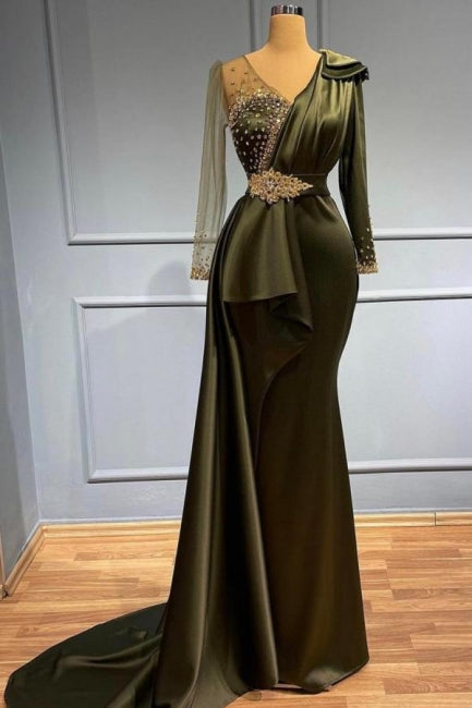 Vestido de fiesta elegante de sirena con escote en V, mangas largas, cuentas y cola lateral