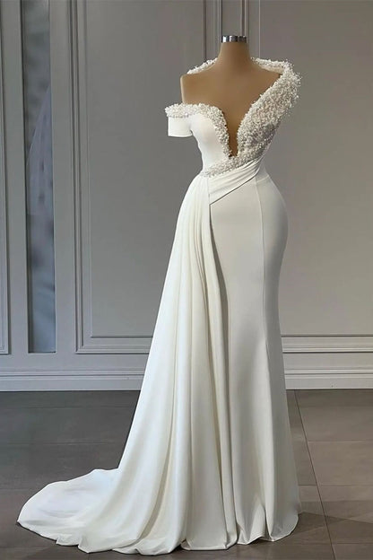 Elegante V-Ausschnitt Off-the-Shoulder Perlenbesetzte Ärmellose Meerjungfrau Brautkleider