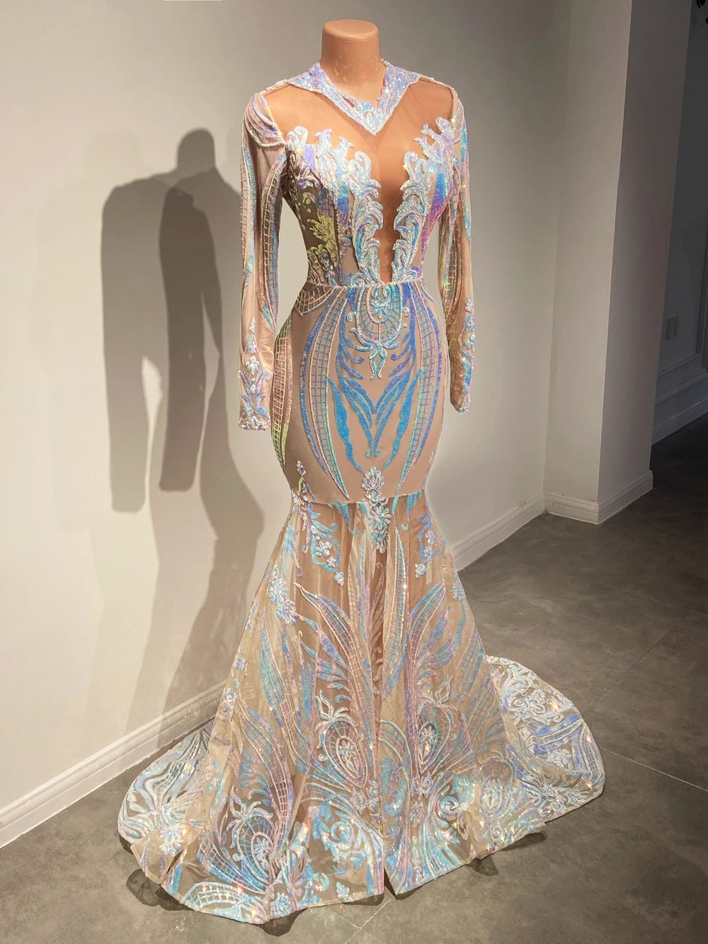 Elegante vestido de fiesta de sirena con escote en V, lentejuelas y mangas largas hasta el suelo
