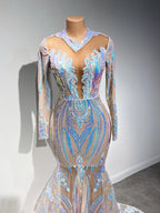 Elegante vestido de fiesta de sirena con escote en V, lentejuelas y mangas largas hasta el suelo