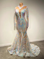 Elegante vestido de fiesta de sirena con escote en V, lentejuelas y mangas largas hasta el suelo
