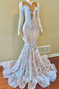 Elegante vestido de fiesta de sirena con escote en V, lentejuelas y mangas largas hasta el suelo