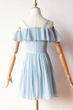 Vestido de fiesta corto de gasa azul con mangas largas PD427