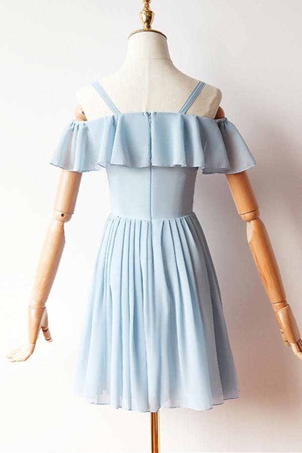 Vestido de fiesta corto de gasa azul con mangas largas PD427