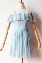 Vestido de fiesta corto de gasa azul con mangas largas PD427