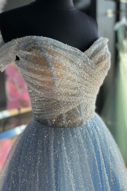 Jayla | Sparkly Blush Pink Off-the-Shoulder Surplice Long Prom Dress