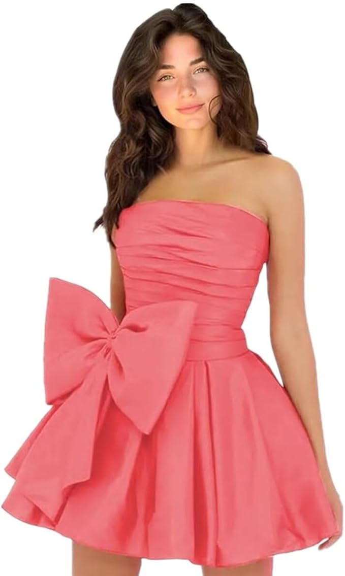 Vestidos de fiesta cortos y elegantes de corte A, sin mangas, sin tirantes, fruncidos, con cordones y lazo