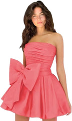 Vestidos de fiesta cortos y elegantes de corte A, sin mangas, sin tirantes, fruncidos, con cordones y lazo