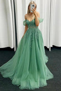 Corbin | Vestidos de fiesta de tul verde menta con hombros descubiertos y encaje y apliques