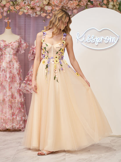 A-Line Corset Midi Prom Dress with 3D Flowers