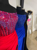 Cosmo | Vestidos de fiesta largos de satén azul con escote redondo y corte sirena