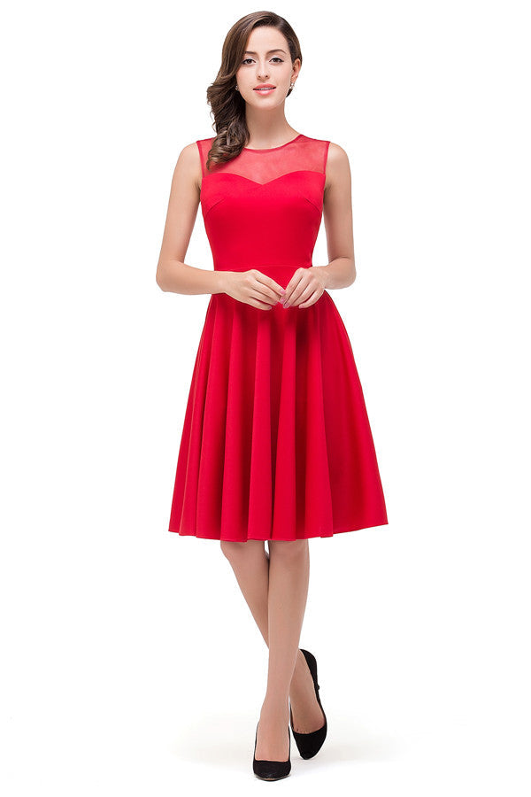 Vestidos de dama de honor rojos de corte A y longitud hasta la rodilla