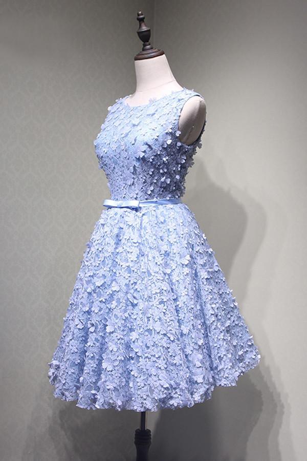 Vestido de fiesta de encaje azul con apliques y espalda descubierta, largo hasta la rodilla, PG114