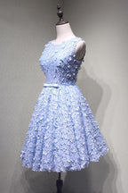 Vestido de fiesta de encaje azul con apliques y espalda descubierta, largo hasta la rodilla, PG114