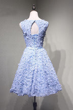 Vestido de fiesta de encaje azul con apliques y espalda descubierta, largo hasta la rodilla, PG114